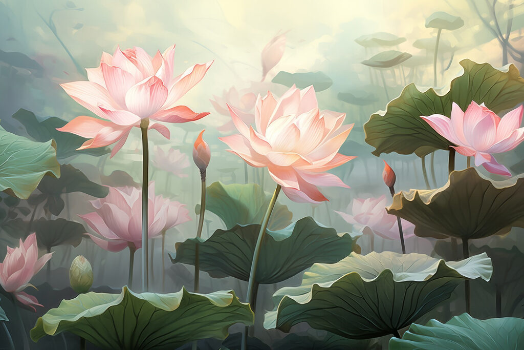 Roze lotus tussen bladeren — volledig ontwerp