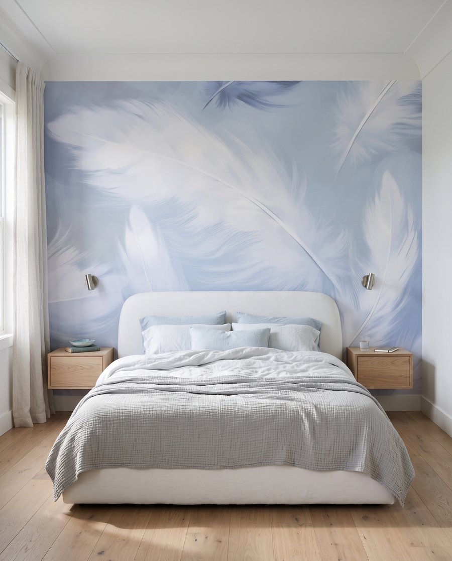 Witte veren op lavendelblauw — interieur 2