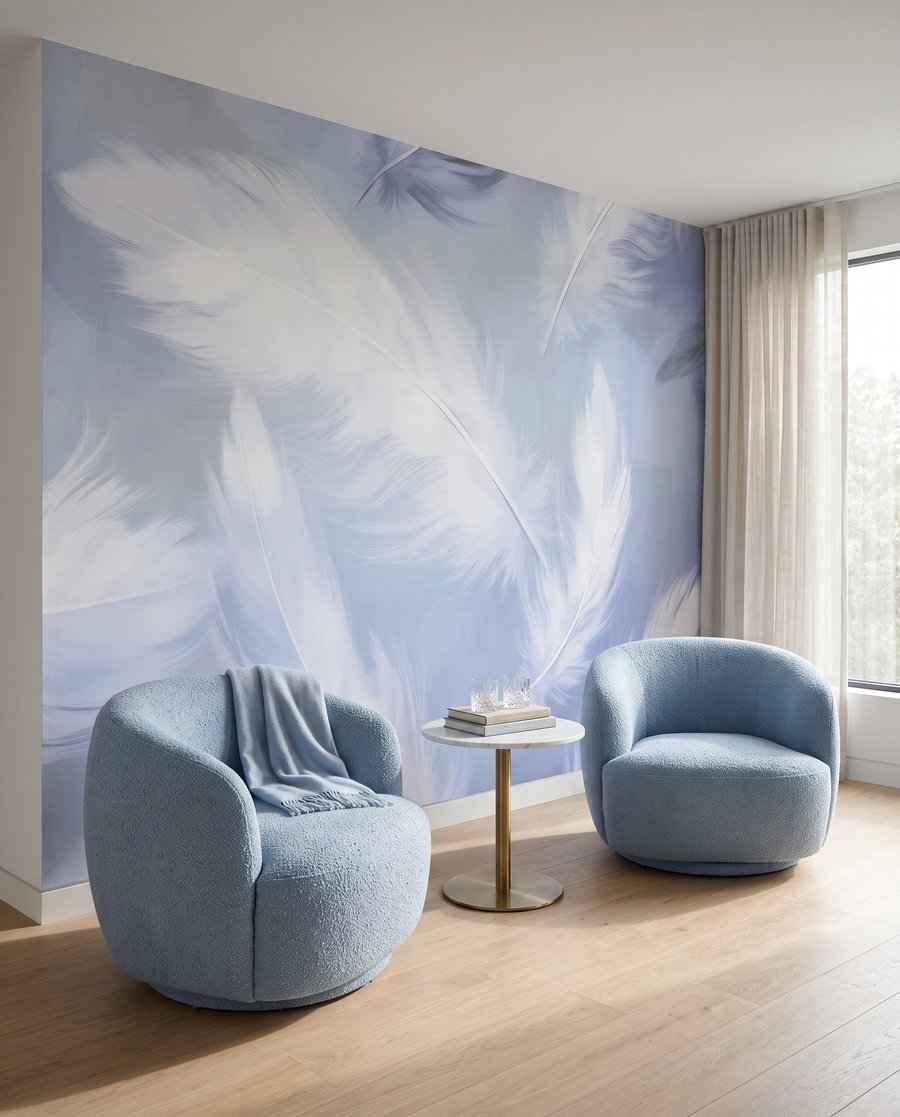 Witte veren op lavendelblauw — interieur 5