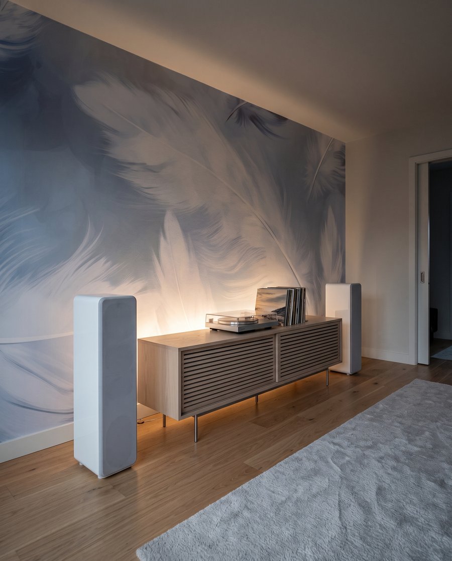 Witte veren op lavendelblauw — interieur 6