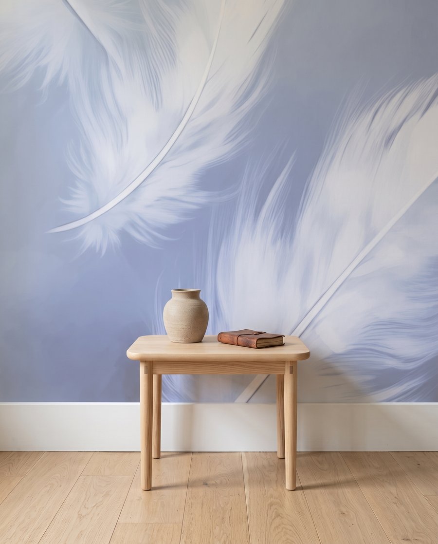 Witte veren op lavendelblauw — interieur 7