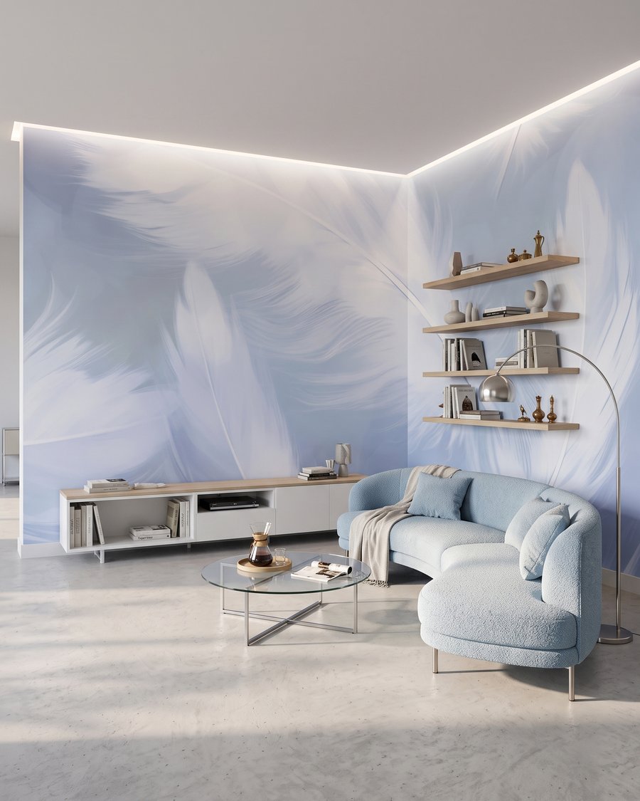 Witte veren op lavendelblauw — interieur 1