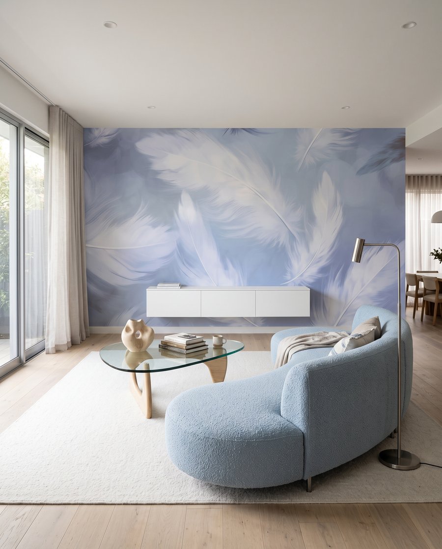Witte veren op lavendelblauw — interieur 3