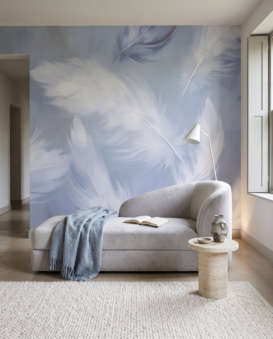 Witte veren op lavendelblauw — interieur 4