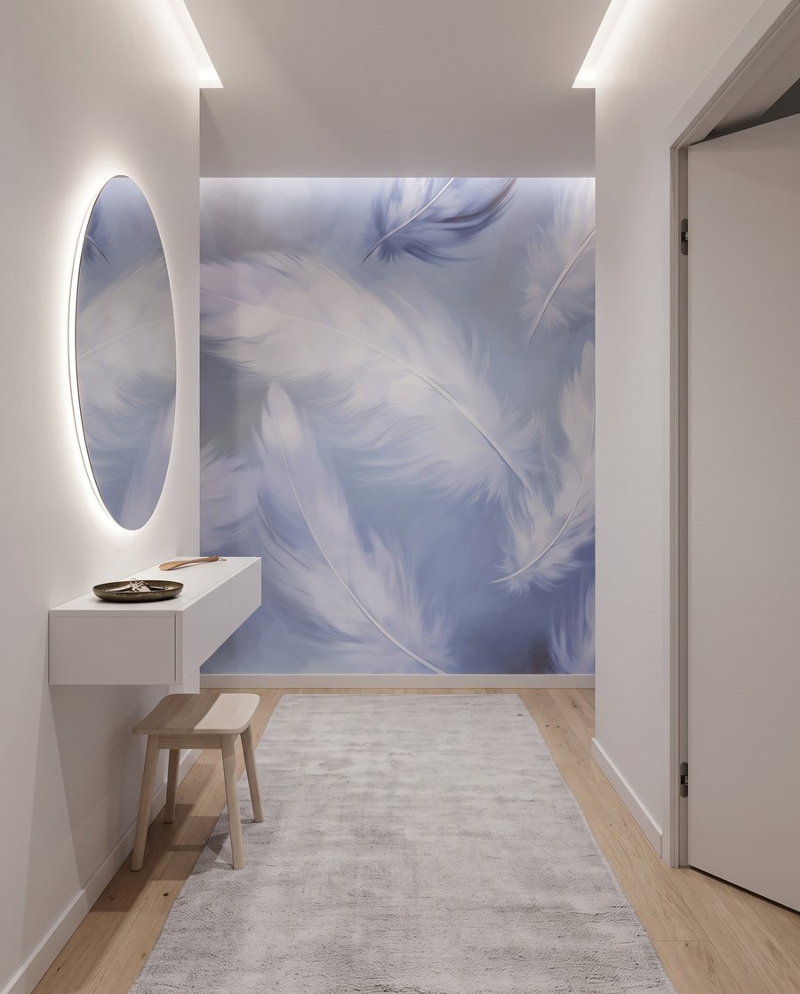 Witte veren op lavendelblauw — interieur 8