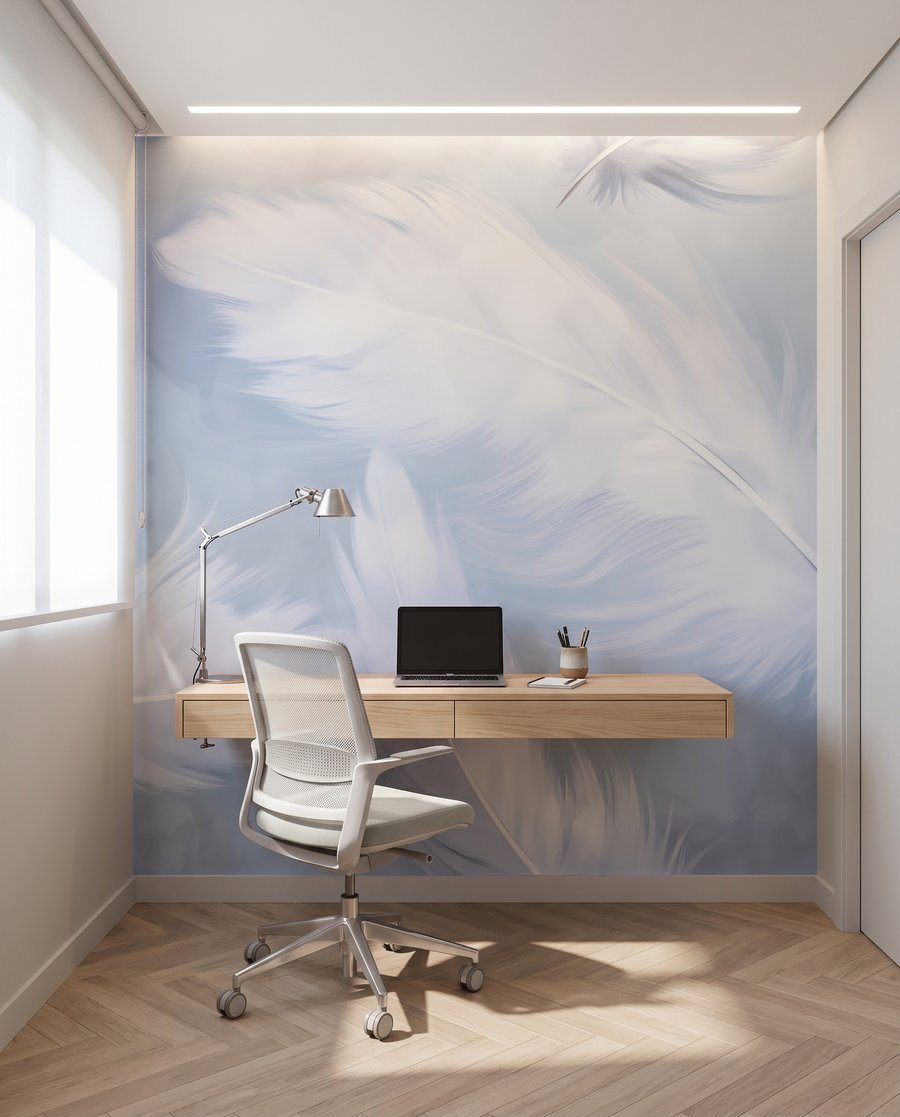 Witte veren op lavendelblauw — interieur 10