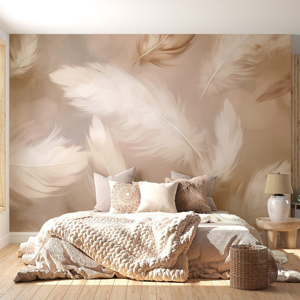 Groep witte veren in een interieur