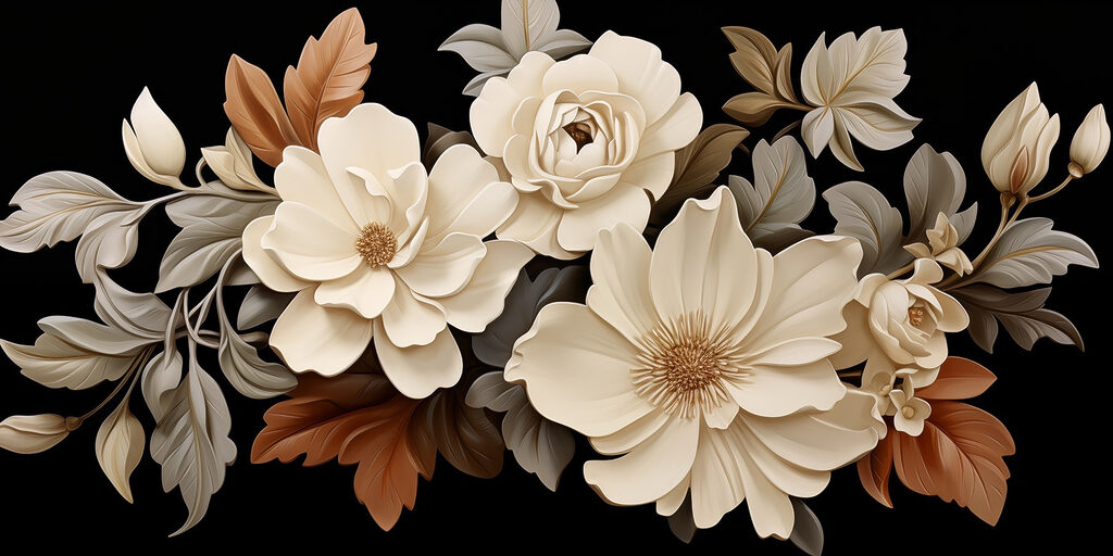 Crèmekleurige bloemen op zwart — volledig ontwerp