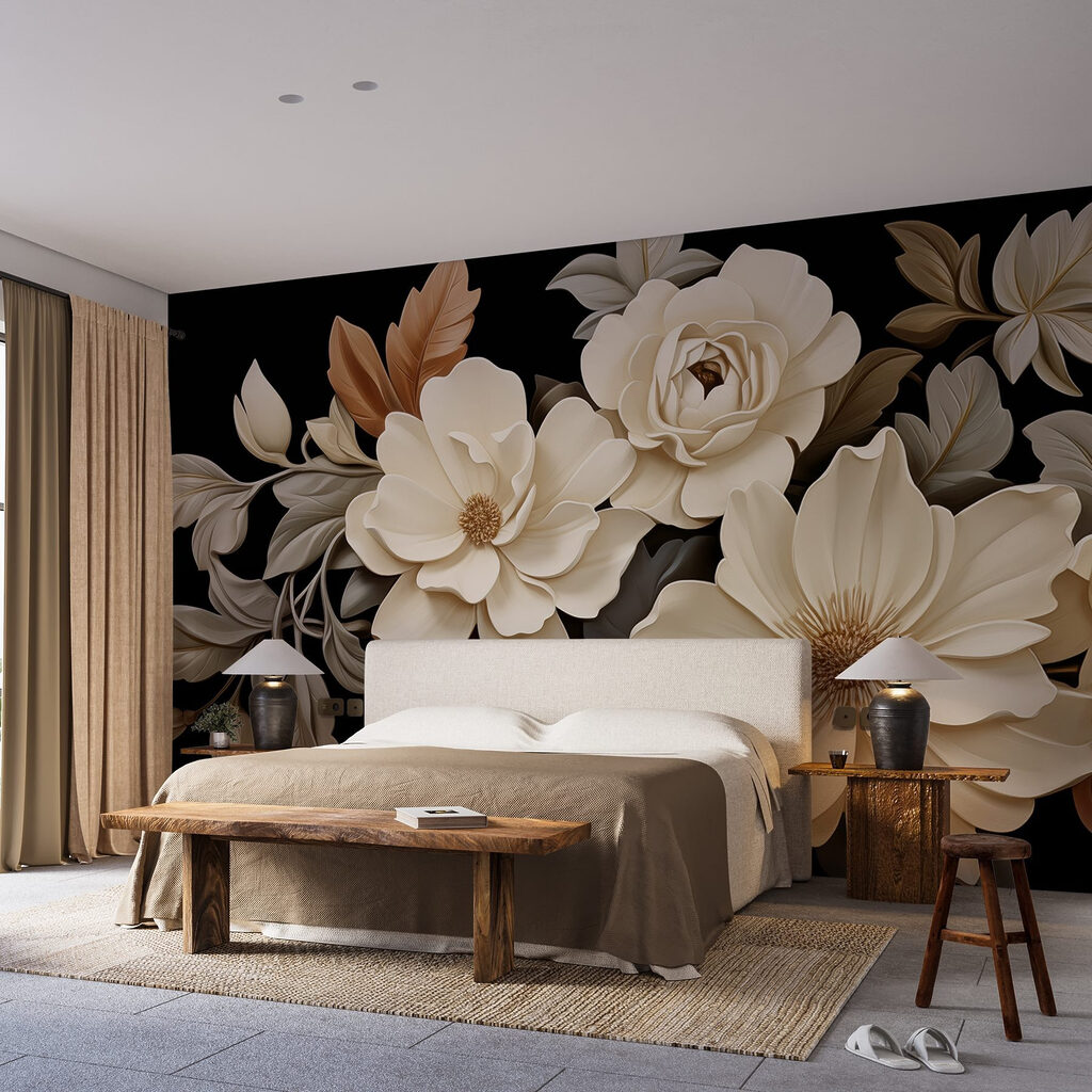 Crèmekleurige bloemen op zwart — interieur 1