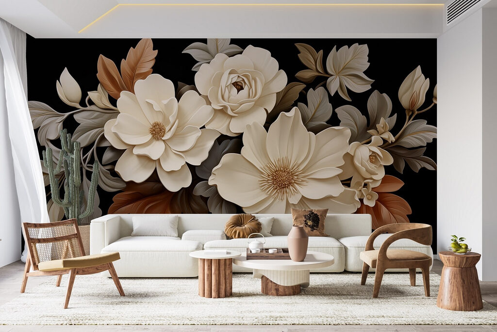 Crèmekleurige bloemen op zwart — interieur 2