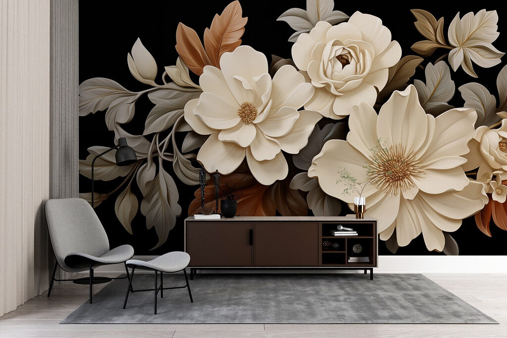 Crèmekleurige bloemen op zwart — interieur 3