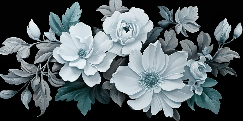 IJsblauwe bloemen op zwart — volledig ontwerp