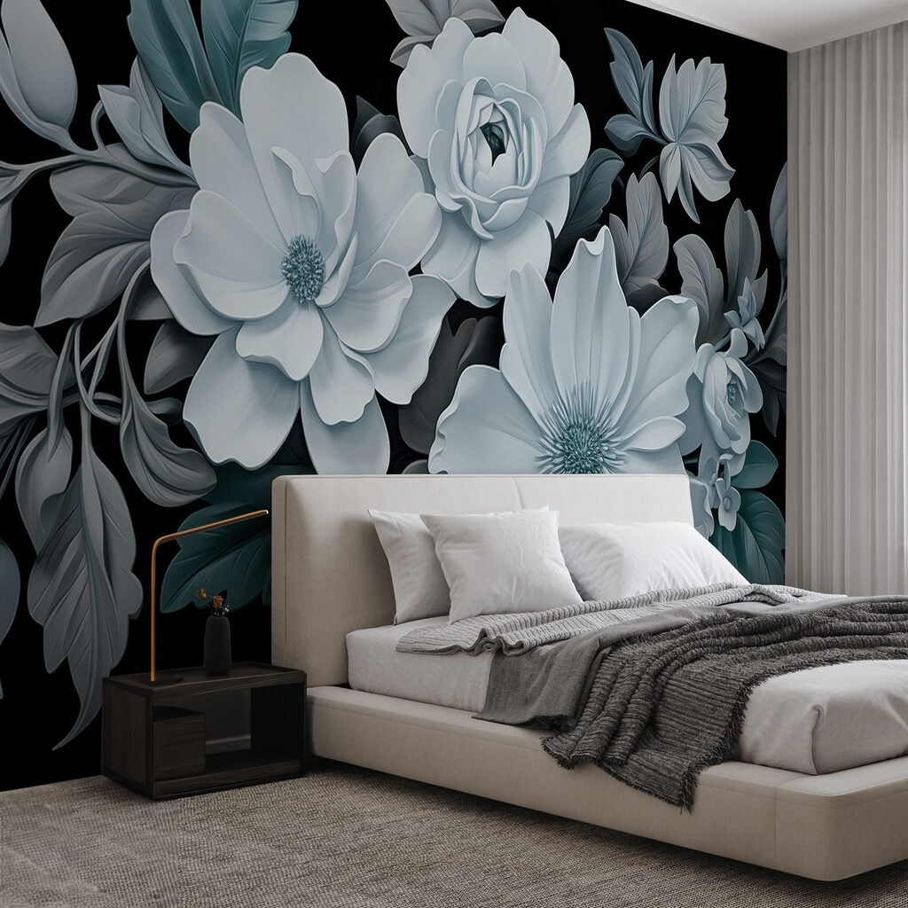 Groep witte bloemen met zwarte bladeren in een interieur
