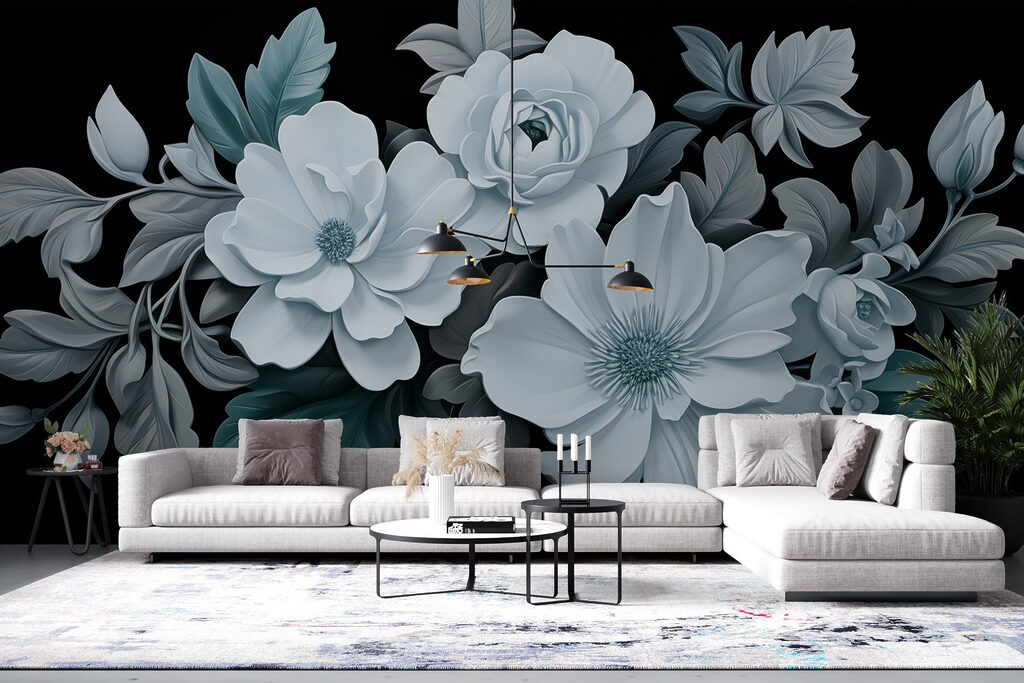 IJsblauwe bloemen op zwart — interieur 2