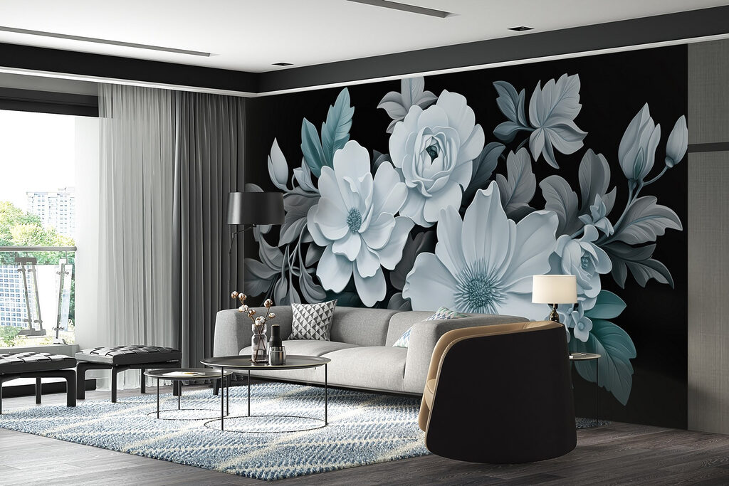 IJsblauwe bloemen op zwart — interieur 3