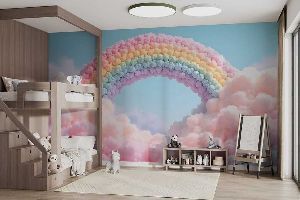 Regenboog gemaakt van wolken in een interieur