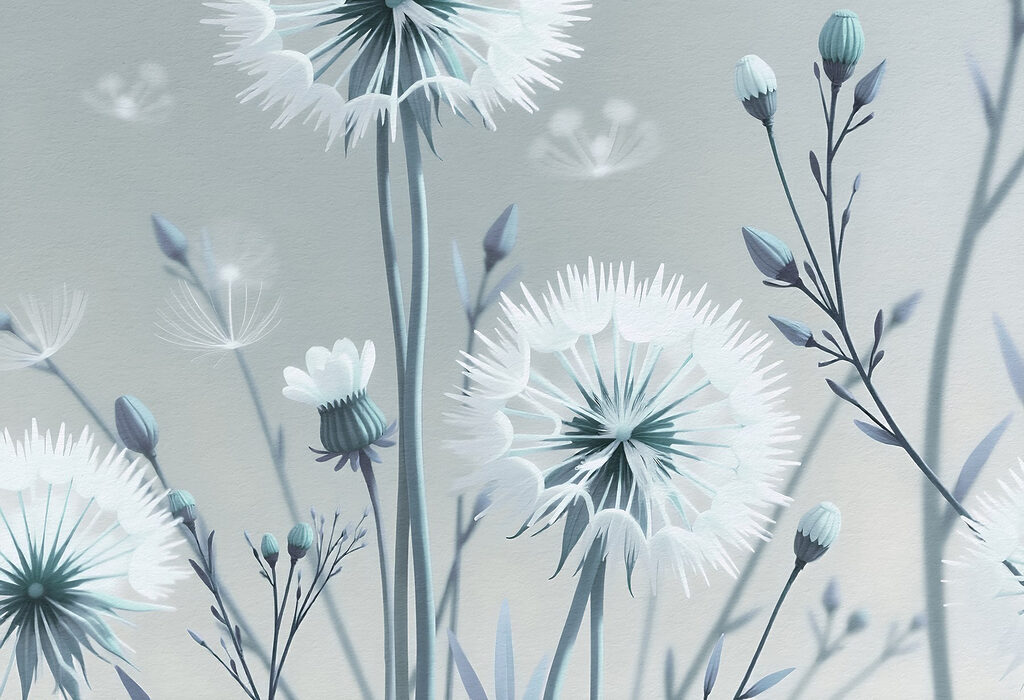 Pluisbloemen in koel blauw — volledig ontwerp