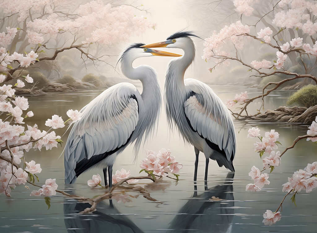 Reigers samen tussen bloesem — volledig ontwerp