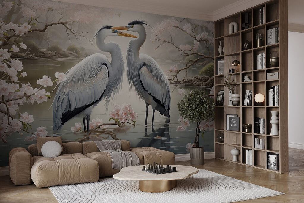 Reigers samen tussen bloesem — interieur 1