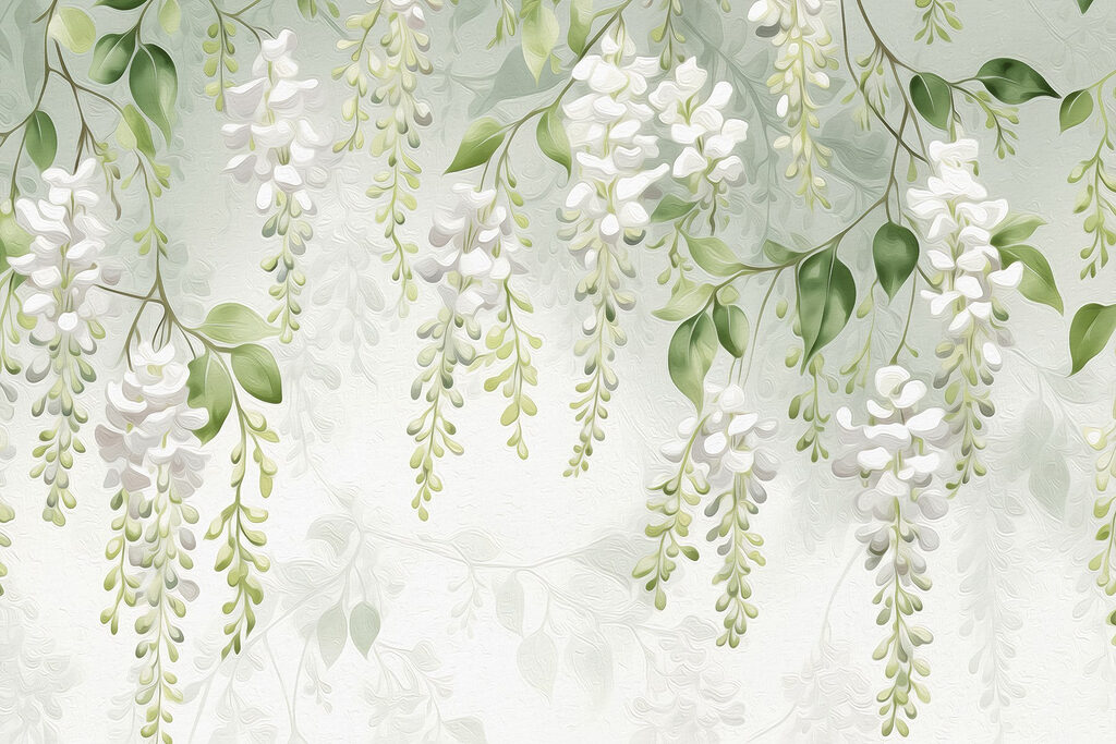 Witte bloemtrossen hangen neer — volledig ontwerp