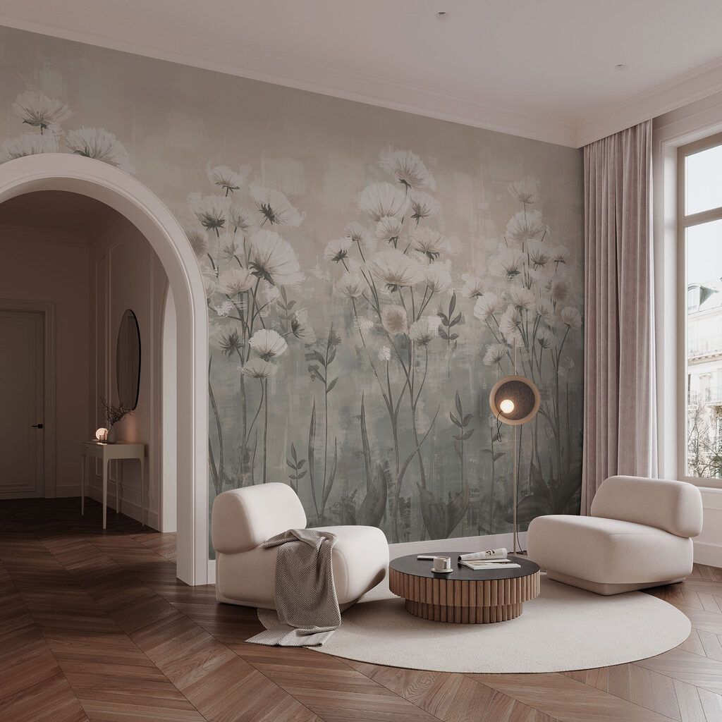 Witte bloemen in avondwaas — interieur 4