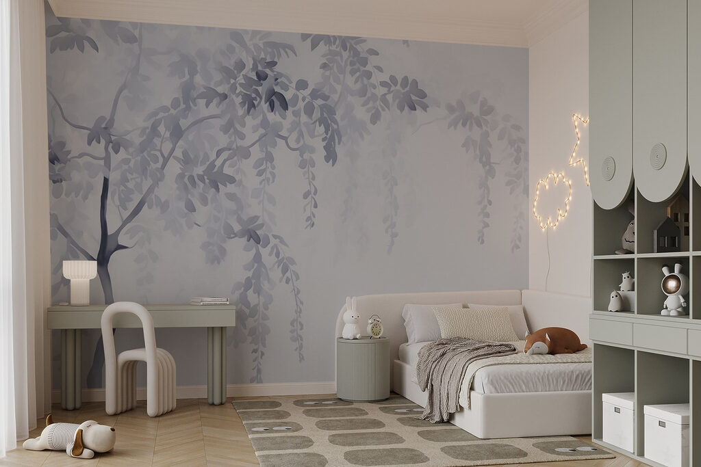 Lila boomtak boven wit — interieur 2