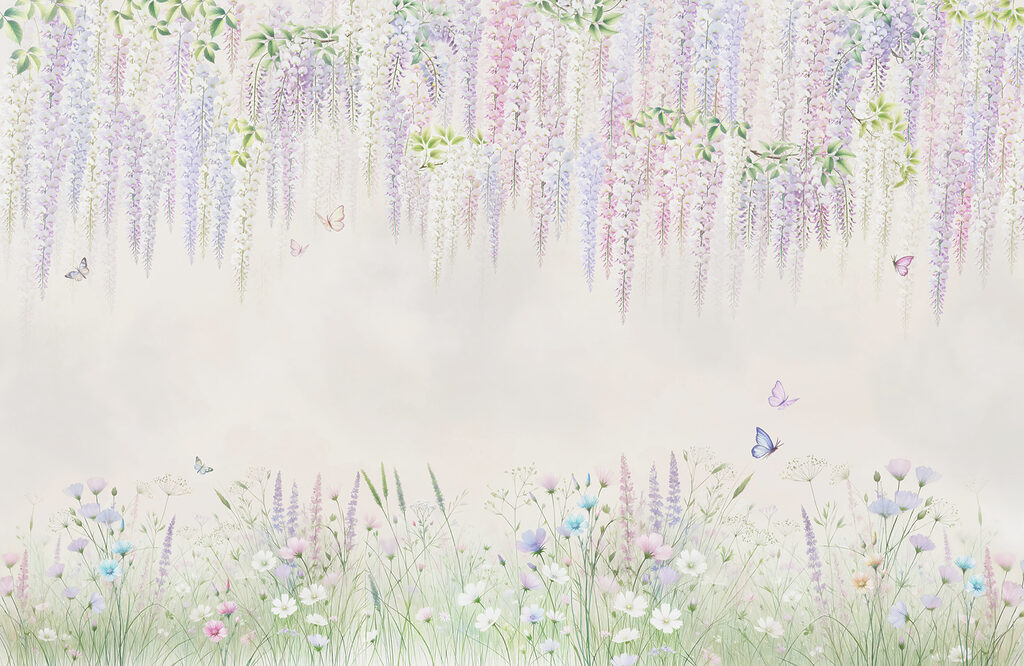 Bloemen boven een weiderand — volledig ontwerp