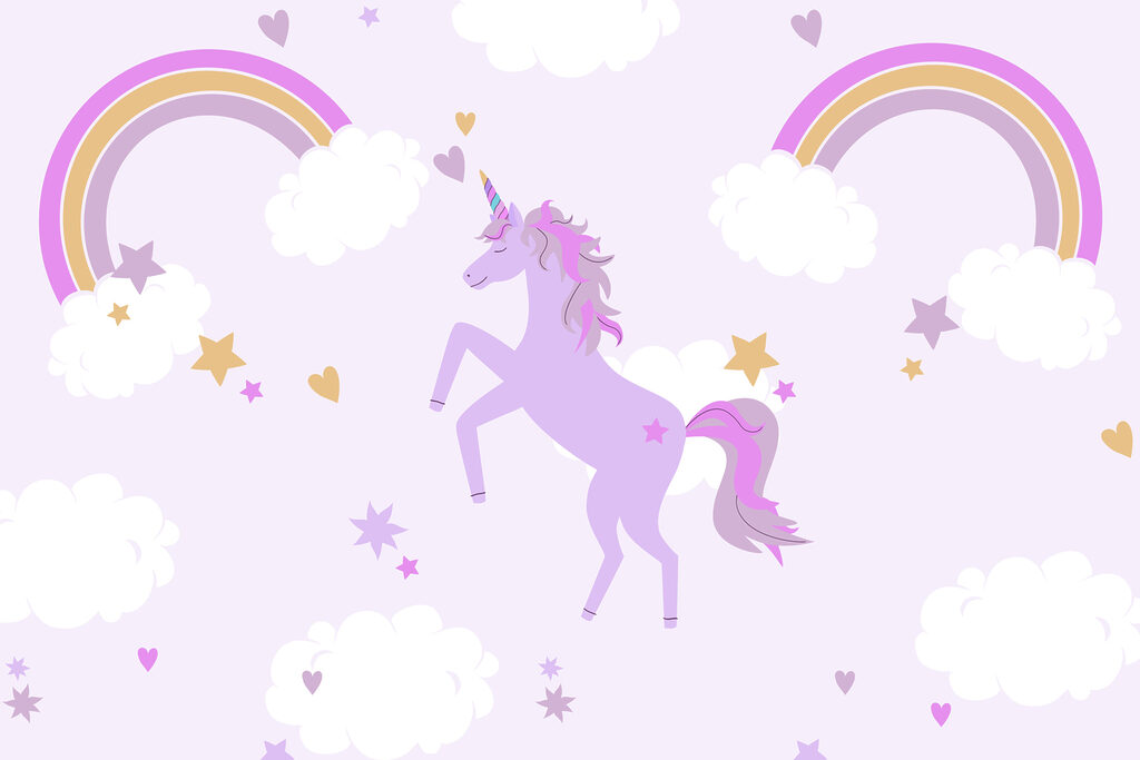 Paarse eenhoorn tussen regenbogen — volledig ontwerp