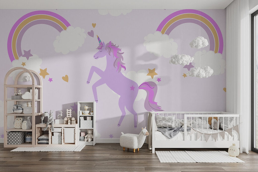 Paarse eenhoorn met sterren en regenbogen in een interieur