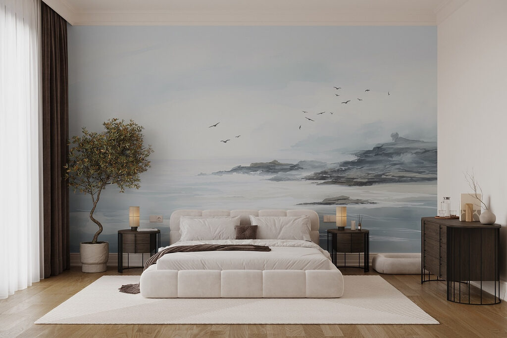 Vogels boven grijze kustlijnen — interieur 1