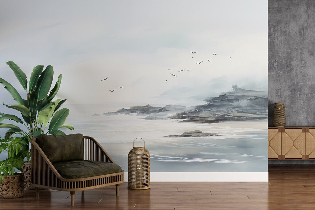 Vogels boven grijze kustlijnen — interieur 2