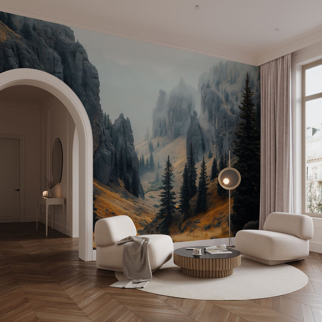 Rotsachtige bergen met bomen en mist in een interieur