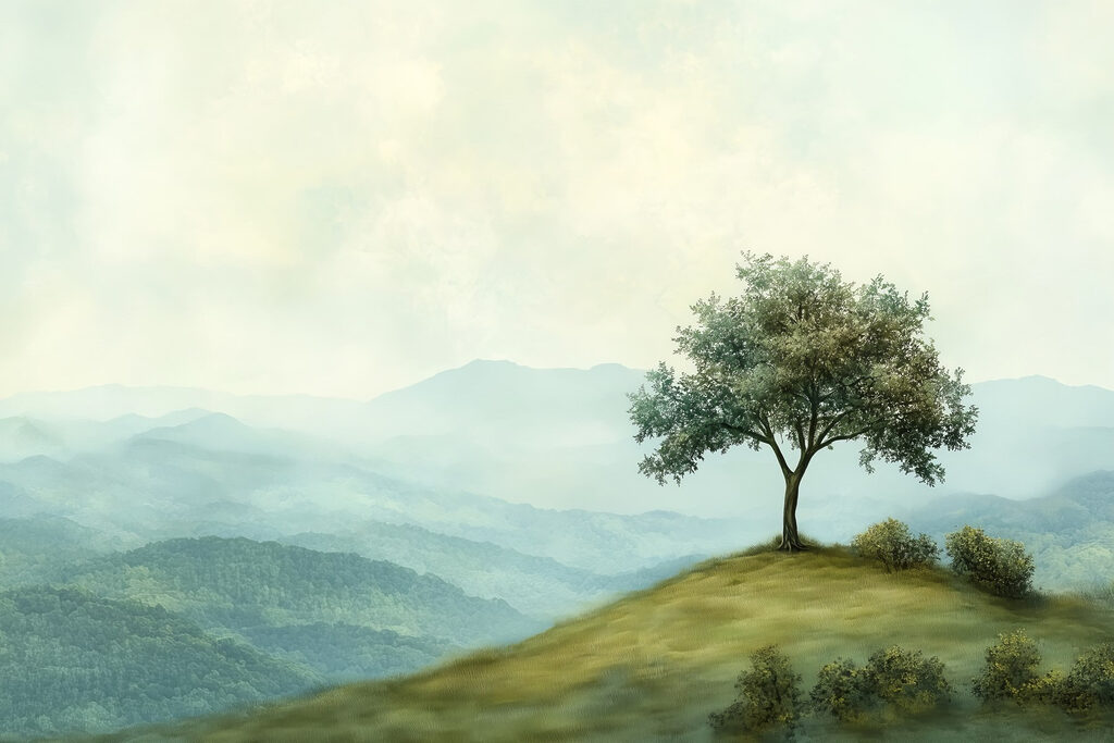 Eenzame boom boven berglagen — volledig ontwerp