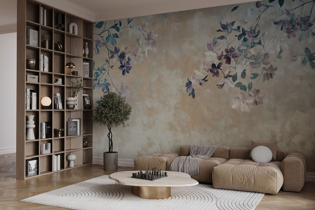 Blauwe bloesem op beige — interieur 2