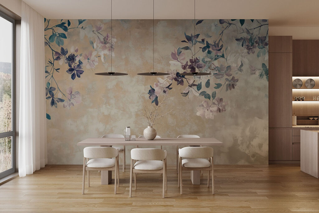 Blauwe bloesem op beige — interieur 4