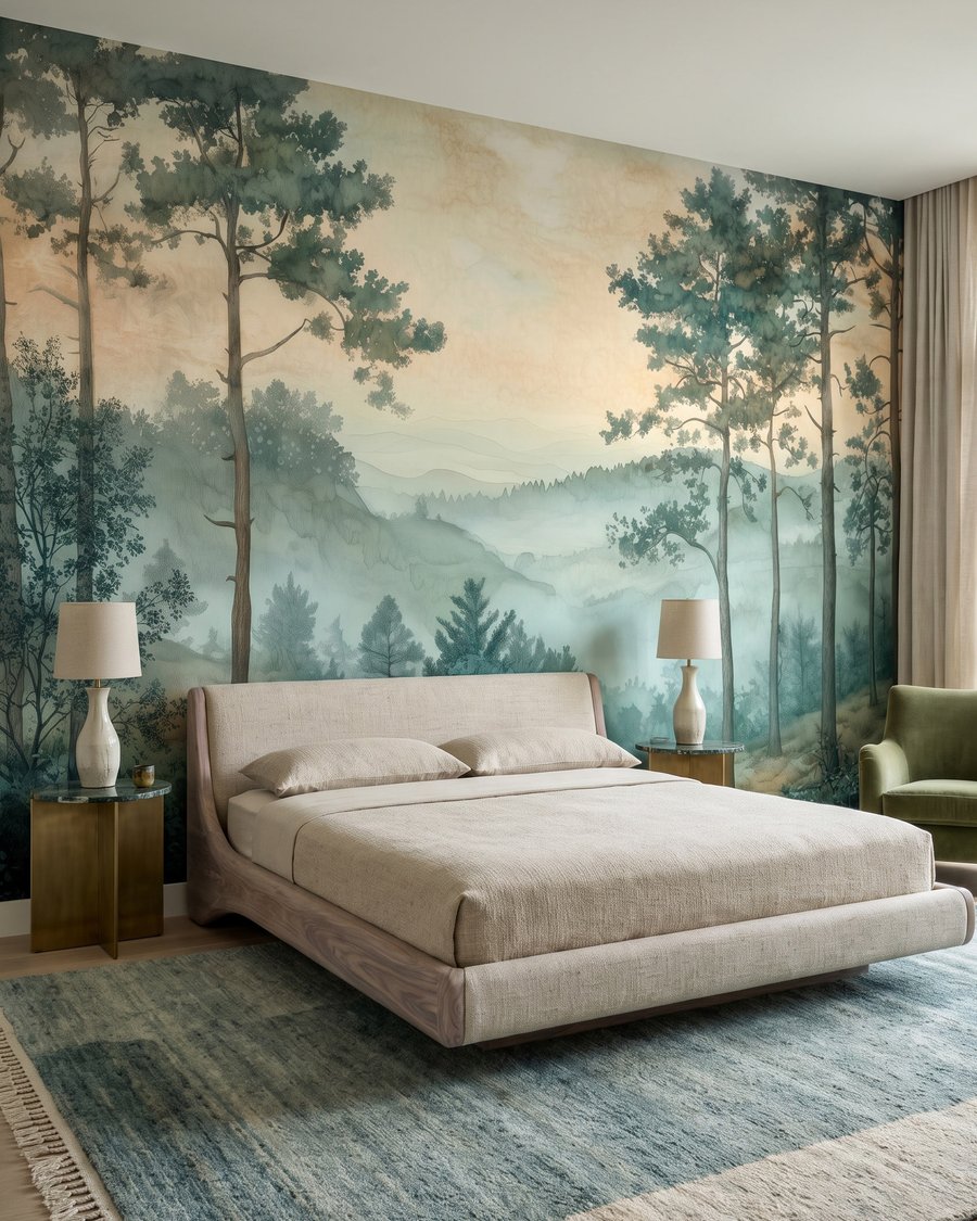 Schilderij van een bos met mist in een interieur