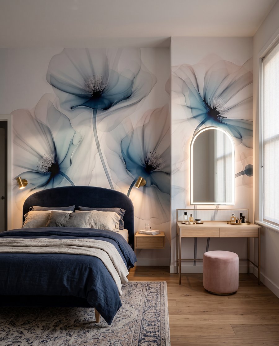 Doorschijnende bloemen in blauw — interieur 1