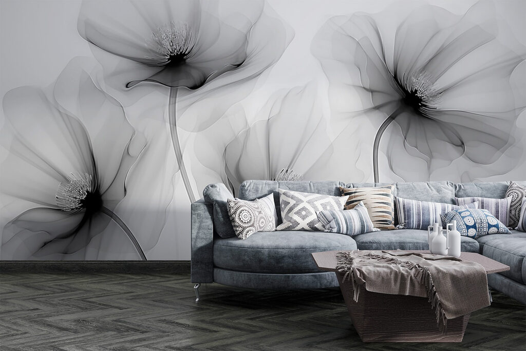 Groep bloemen met witte bloemblaadjes in een interieur