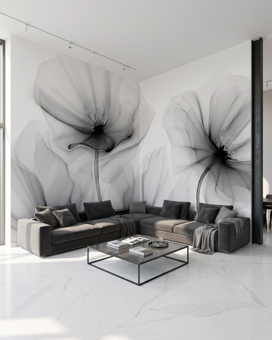 Bloemen in doorzichtige kleurrook in een interieur