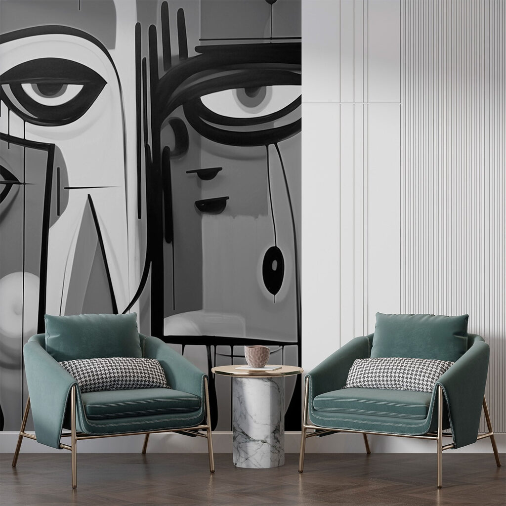 Zwart-witfoto van een gezicht in een interieur