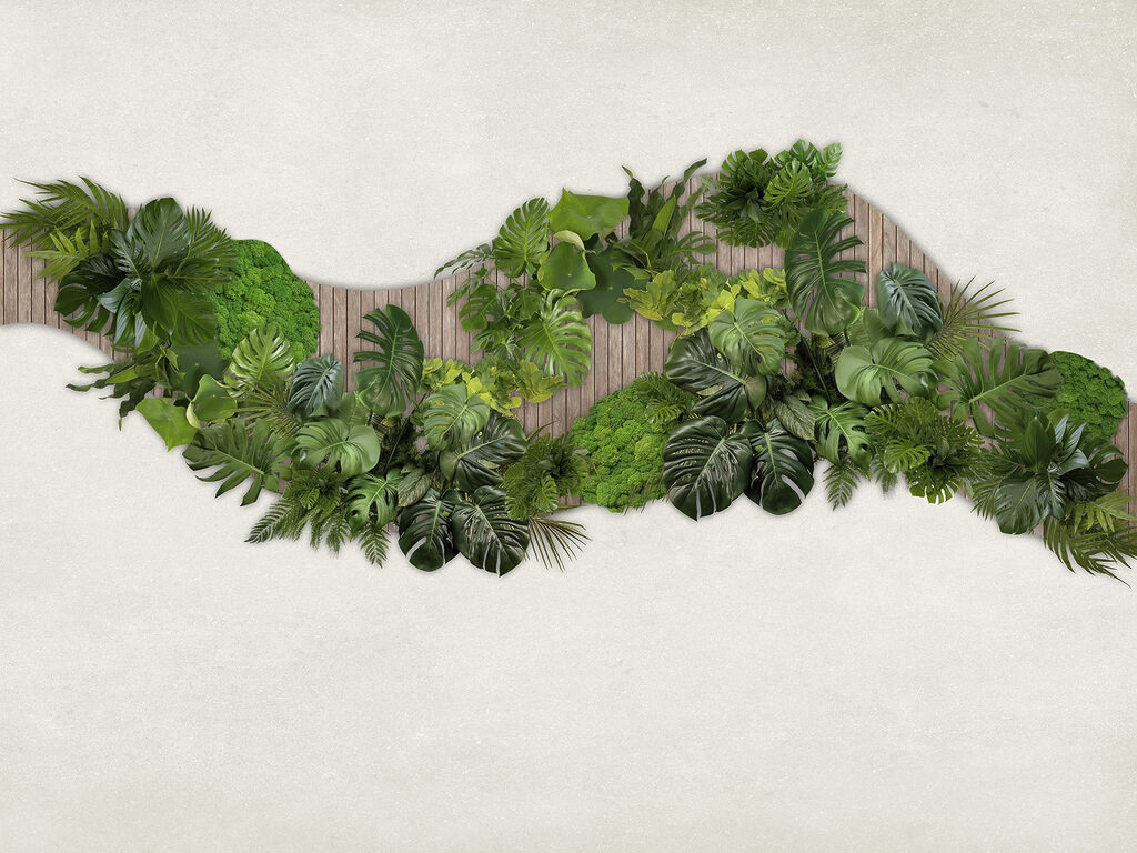 Groep groene bladeren op een houten ondergrond — volledig ontwerp