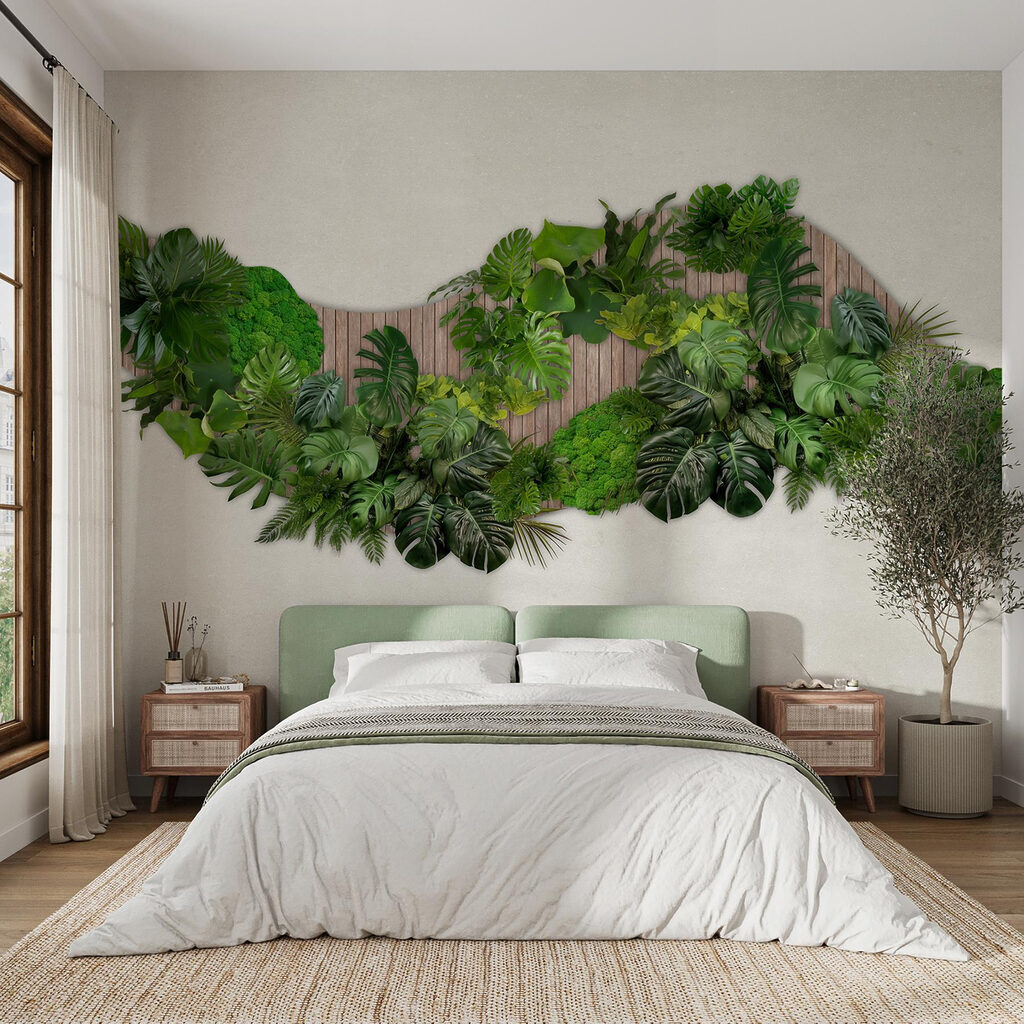 Groep groene bladeren op een houten ondergrond in een interieur