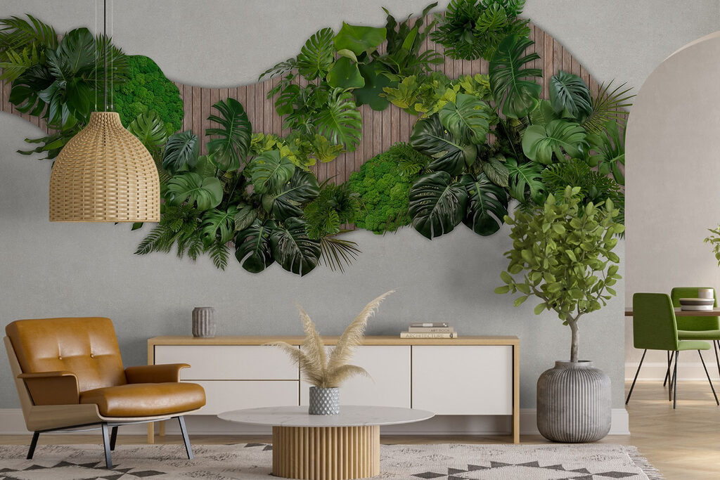 Groep groene bladeren op een houten ondergrond — interieur 2