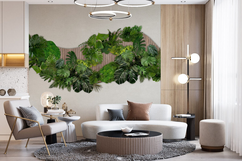 Groep groene bladeren op een houten ondergrond — interieur 3
