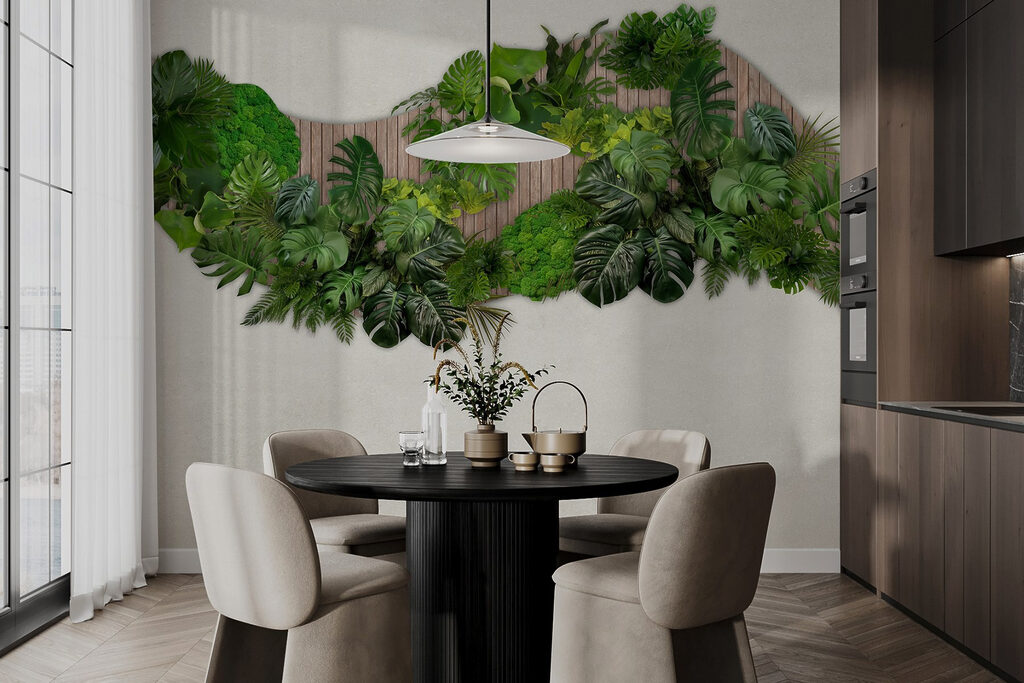 Groep groene bladeren op een houten ondergrond — interieur 4