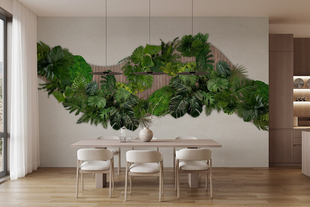 Groep groene bladeren op een houten ondergrond — interieur 5