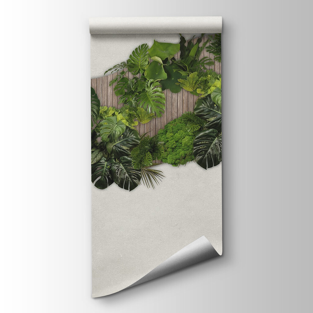 Groep groene bladeren op een houten ondergrond — productweergave