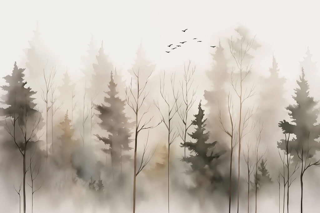 Fijne bomen in bosnevel — volledig ontwerp