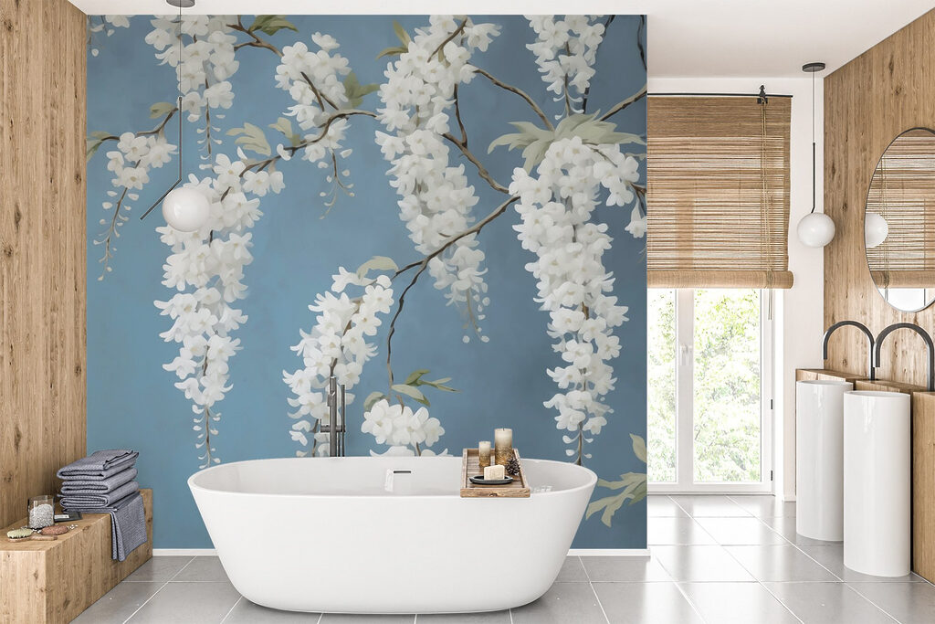 Witte bloesem tegen staalblauw — interieur 2