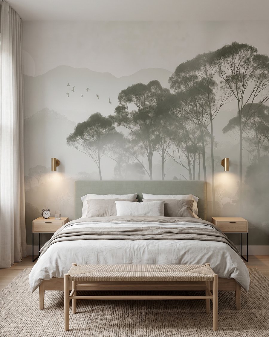 Bomen op nevelige heuvelrand in een interieur